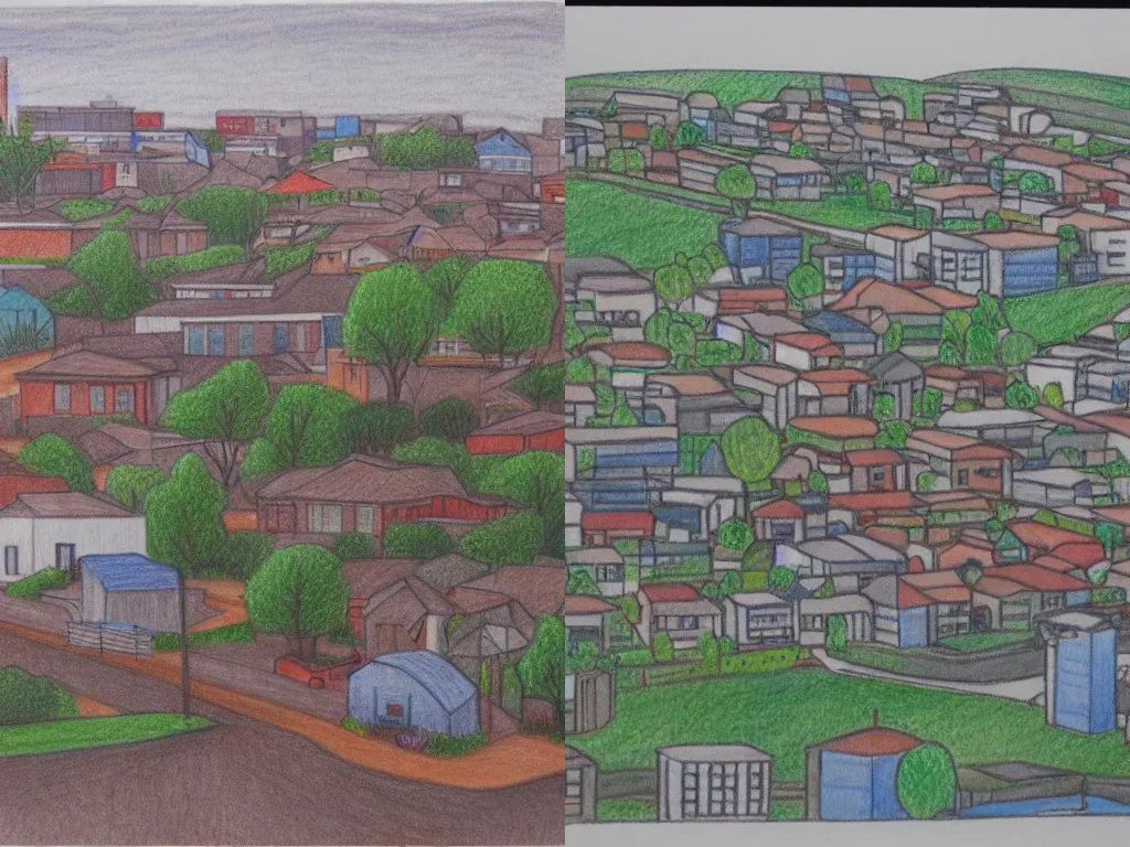 Prompt: colored pencil drawing of suburban town on white background, minimalist, by kyutae lee