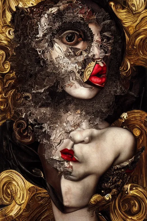 Image similar to Detailed maximalist portrait with large lips and with large white eyes, angry expression, HD mixed media, 3D collage, highly detailed and intricate surrealism, illustration in the style of Caravaggio, dark art, baroque