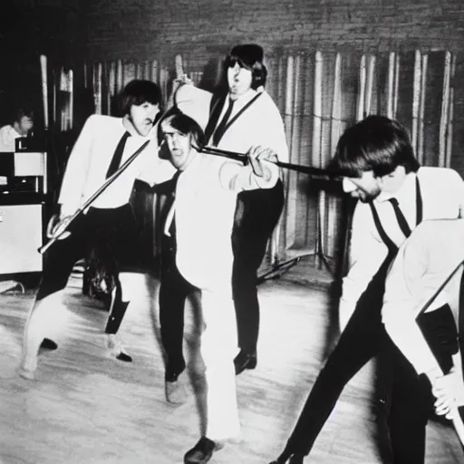 Image similar to the beatles whacking each other with baseball bats during let it be sessions