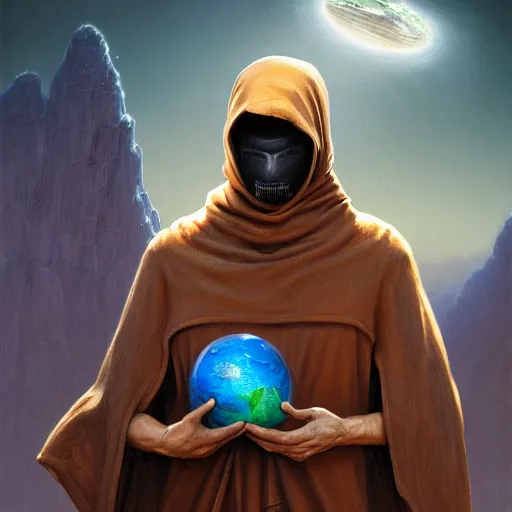 Image similar to masked nomad male wearing a cloak on an alien world and holding a holographic planet projection in his hand, detailed, sci - fi, digital painting, artstation, sharp focus, illustration, ominous, artgerm, tomasz alen kopera, peter mohrbacher, donato giancola, joseph christian leyendecker, wlop, frank frazetta