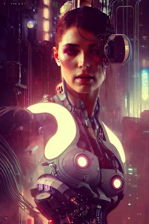 Image similar to ultra realistic, beautiful female with cyborg part like in bladerunner smoking in a crowded smoky cyberpunk club in space megalopolis, sci-fi, intricate details, eerie, highly detailed, octane render, 8k, art by artgerm and alphonse mucha and greg rutkowski