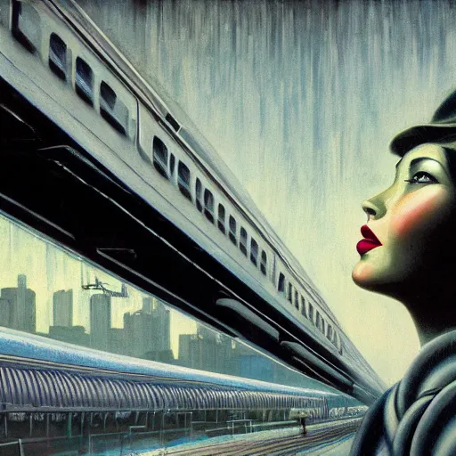 Image similar to detailed face of a woman, clockwork, moment, tectonic sky, skydome, bullet train, turbines, utopian, tech noir, wet reflections, prism, atmospheric, ambient, pj crook, syd mead, livia prima, emma uber, greg rutkowski, edward hopper