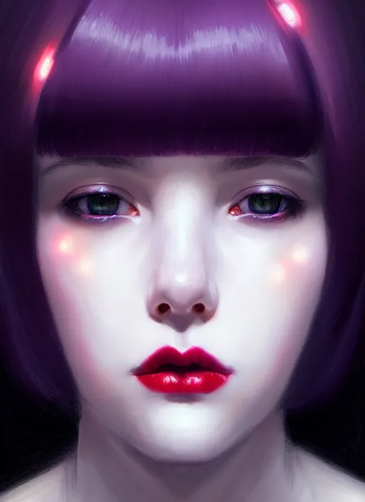 Image similar to portrait of pale teenage girl, red irises, black hair, white bangs, purple lipstick, intricate, elegant, glowing lights, highly detailed, digital painting, artstation, concept art, smooth, sharp focus, illustration, art by wlop, mars ravelo and greg rutkowski