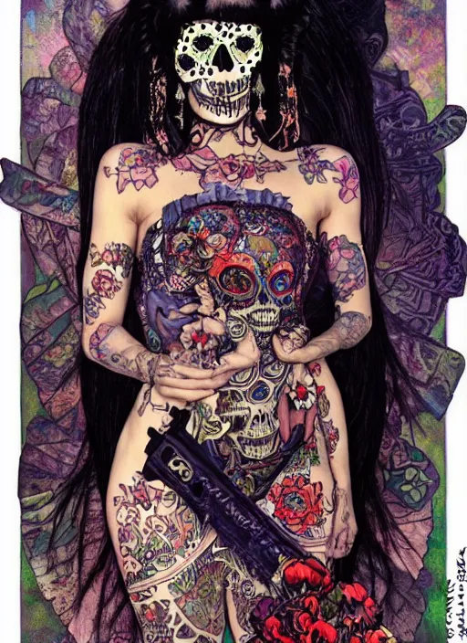 Image similar to cute punk goth fashion fractal Día de los Muertos tattooed girl posing in goth outfit by David Lachapelle, psychedelic poster art of by Victor Moscoso Rick Griffin Alphonse Mucha Gustav Klimt Ayami Kojima Amano Charlie Bowater, masterpiece