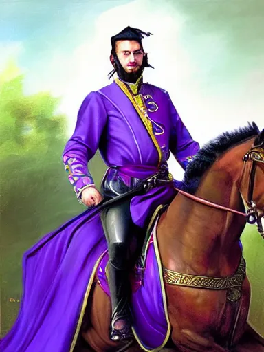 Image similar to a handsome man weaing a purple silk robe, happy and disarmed, laurels of glory, returns to home triunphantly mounted in a horse. full of pride. victorirous. prideful.. intricate, elegant, highly detailed, digital painting, artstation, concept art, sharp focus, illustration, by justin gerard and artgerm, 8 k