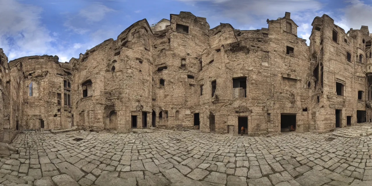 Prompt: equirectangular photograph building roman courtyard