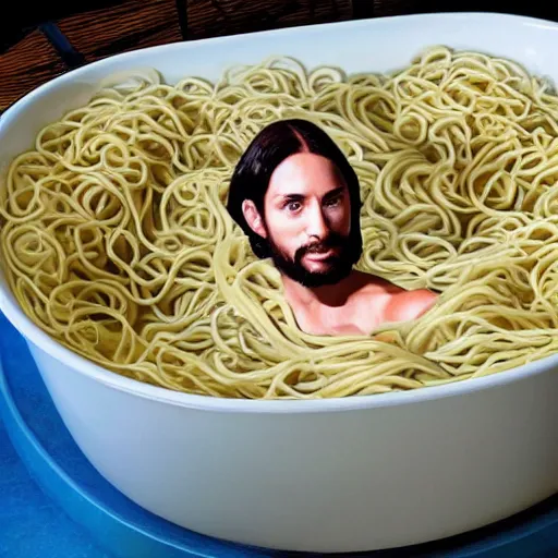 Prompt: Jesus in a bathtub full of noodles