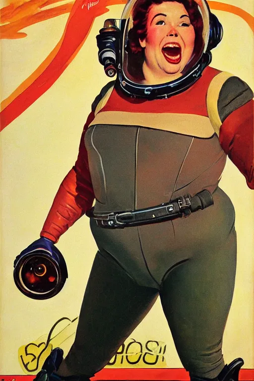 Prompt: 5 0 s pulp scifi fantasy illustration full body portrait cheerful overweight woman in leather spacesuit on mars, by norman rockwell, roberto ferri, daniel gerhartz, edd cartier, jack kirby, howard v brown, ruan jia, tom lovell, frank r paul, jacob collins, dean cornwell, astounding stories, amazing, fantasy, other worlds