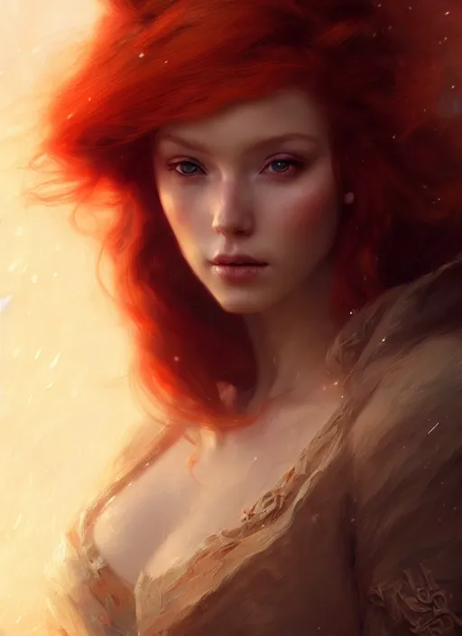 Prompt: portrait of a red haired princess, digital art by artgerm and greg rutkowski, gaston bussiere, sakimi chan and android jones and karol bak, cinematic lighting, trending on artstation, volumetric dust, intricate, elegant