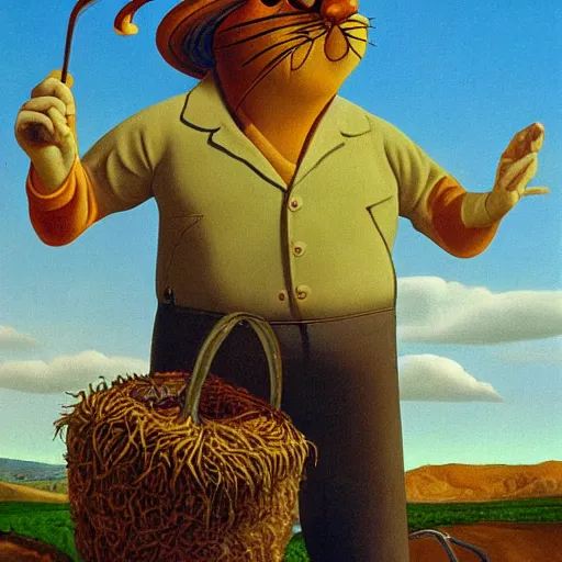 Prompt: surrealist painting of garfield as a farmer, high detail