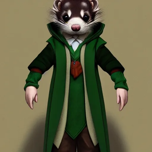 Image similar to a anthropomorphic ferret is dressed as a hogwarts student in slytherin robes, hyperdetailed, artstation, cgsociety, 8 k