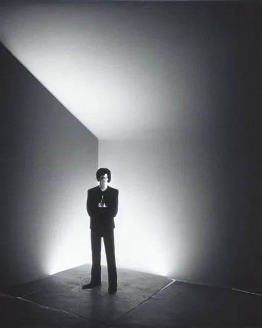 Image similar to 1979 young Gary Numan in a suit, lit by James Turrell, professional photography, darkwave semi-silhouette with red rim light, sigma 35mm f/8