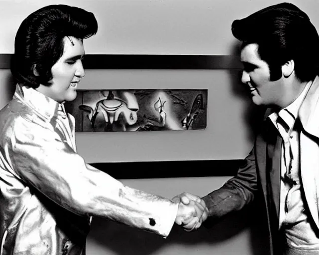 Prompt: “A vintage black and white photograph of Elvis shaking hands with an alien”