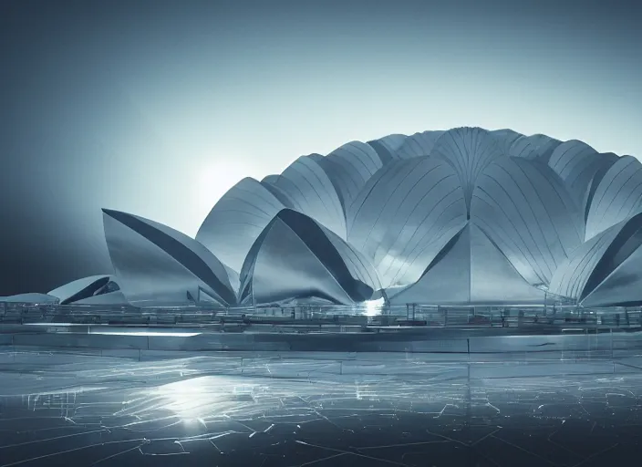 Prompt: cult of technology, exterior, scifi, machines, robots, ultra realistic, transparent labs, metallic surface, highly detailed, white, lotus temple, futuristic landscape, city, utopian architecture, atmosphere, masterpiece, portals, epic lighting, glow, mysterious, 4 k, cinematic, art by patryk olkiewicz and chris ostrowski and liang yao