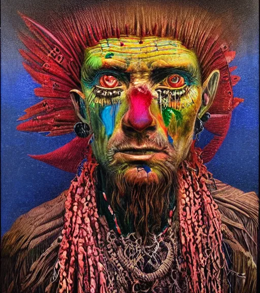 Image similar to Portrait painting in a style of Beksinski mixed with Alex Grey of an old shaman dressed in a colorful traditional clothes.