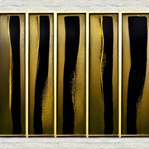 Image similar to a pour painting triptych, gold black green colors, abstract, thick paint, glossy, resin coated