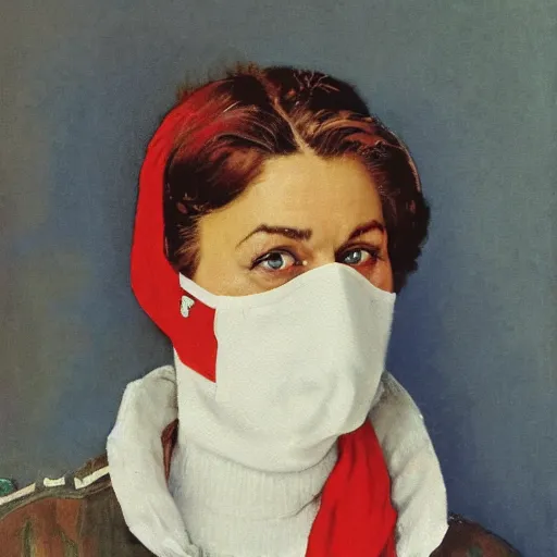 Image similar to Frontal portrait of a woman wearing a white mask and a red turtleneck. Painting by Norman Rockwell.