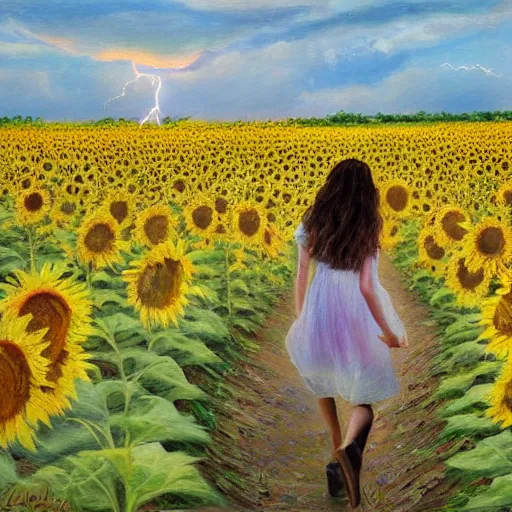 Image similar to a girl slowly walking through amazing tall sunflower field, hair flowing, early morning lightning, bad weather approaching, elegant, subtle, intricate details, real masterpiece, oil on canvas, by somsak anong