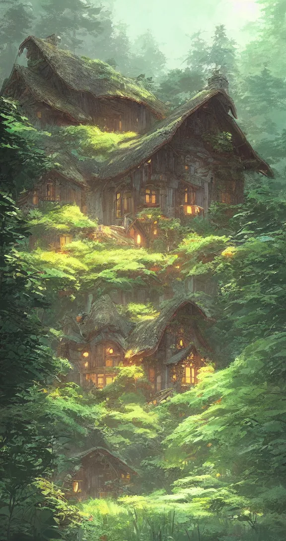 Image similar to Stunning cottage, solar, lush, forest, beautiful, by Studio Ghibli and Greg Rutkowski, artstation