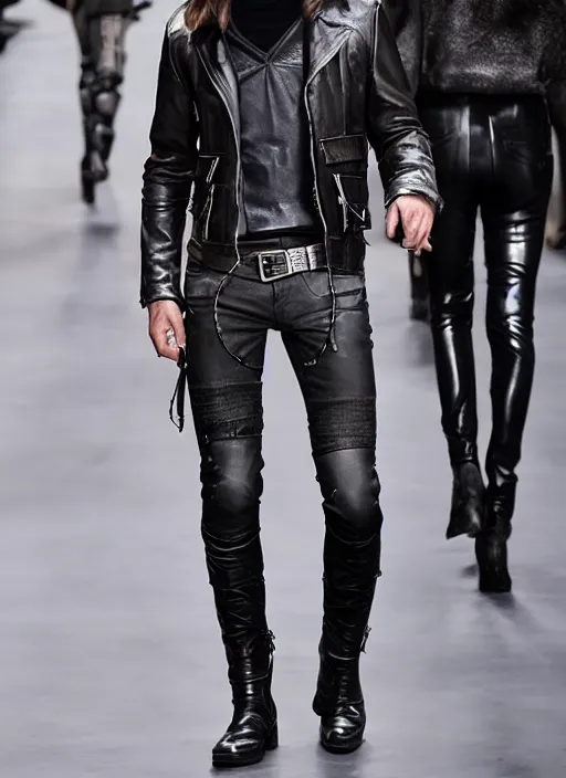 Prompt: Caveman wearing a leather jacket, black jeans and boots from Carol Christian Poell's latest fall collection