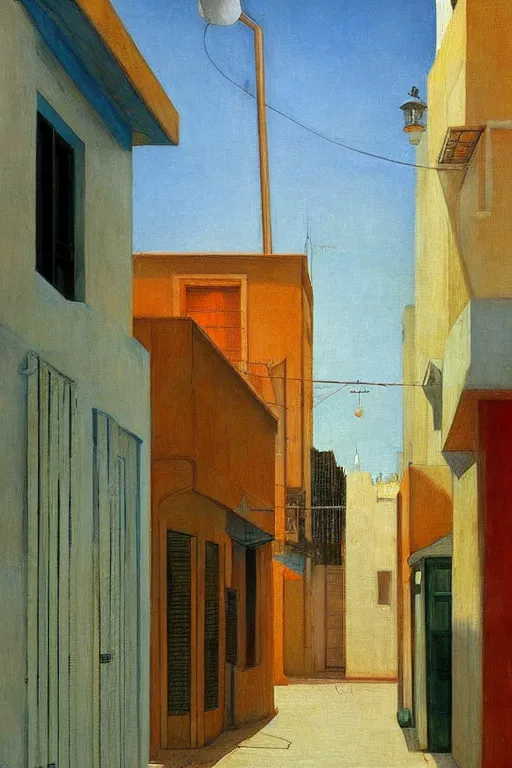 Image similar to eerie street in Tel Aviv Jaffa, Israel, solar water heating and antenna on the roofs, laundry drying under the windows, victor Nizovtsev, edward hopper, giorgio di chirico