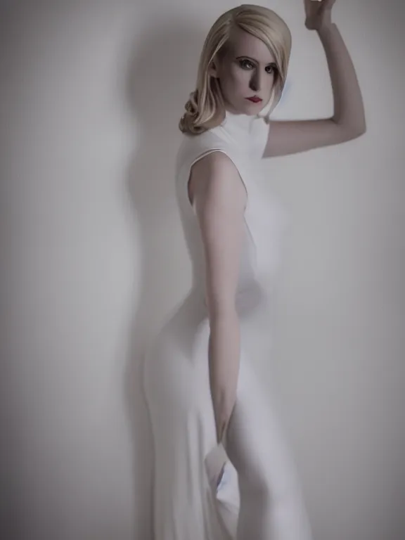 Image similar to studio photo of gorgeous seductive tall emily skinner cosplaying annie leonhart wearing tight white wet dress, in a white room, beautiful face, pale skin, rule of thirds, cinematic lighting, sharp focus, backlit, stunning, smooth, hard focus, full body shot