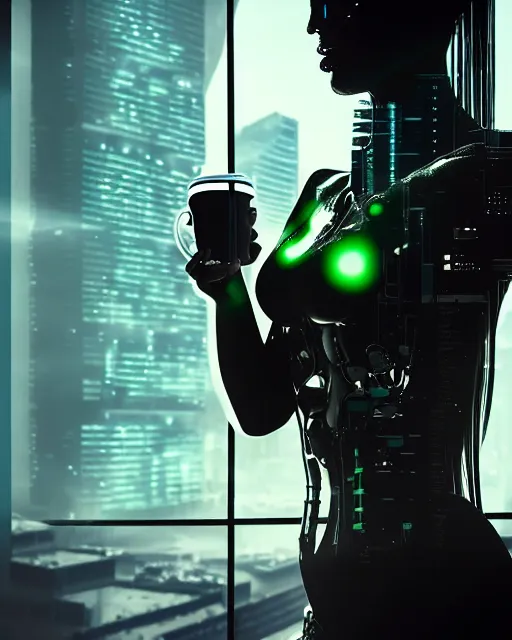 Prompt: a terminator cyborg lady with borg implants is drinking coffee near a window with dystopian city visible outside. tiny green led lights in her cybernetics. very detailed 8 k. horror cyberpunk style.