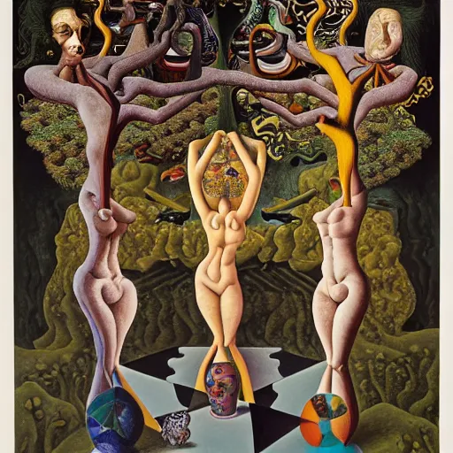 Prompt: the three fates, pain, pleasure, suffering, adventure, love, life, afterlife, abstract oil painting, gouche on paper by MC Escher and Salvador Dali and raqib shaw,-W 1024