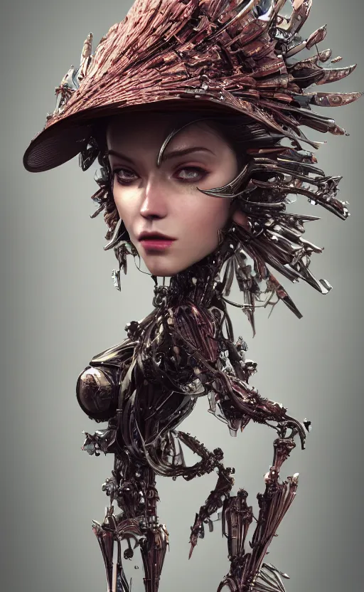 Image similar to beautiful impish biomechanical hatter incredible technological hair, masterpiece crystalline incrustations, hyper - detailed face, elegant pose, movie still, intricate, octane render, cinematic lighting, cgsociety, unreal engine,