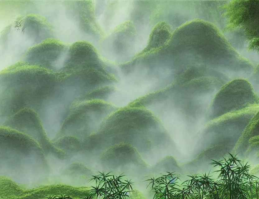 Image similar to a cinematic widescreen photo of ancient japanese temples in a misty bamboo cloud forest on a mountain by studio ghibli by roger dean, photorealistic, 7 0 mm, concept art