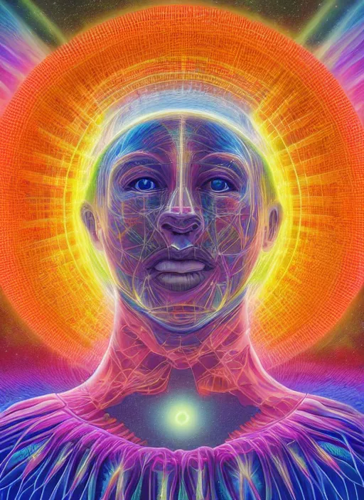 Image similar to humankind transcendence into collaborative intelligence, group intelligence, by alex grey, album cover, award winning, colorful, volumetric lighting, trending on artstation