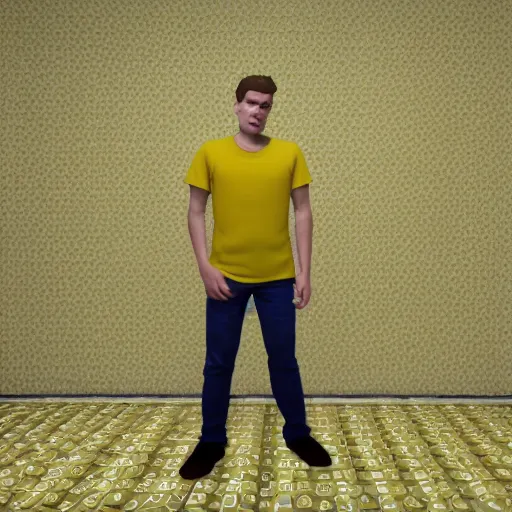 Prompt: 3 d render of jerma 9 8 5, jerma, in a liminal space, non - euclidean space, worn mono - yellow wallpaper, old moist carpet, inconsistently - placed fluorescent lighting, high octane, blender, 3 d render