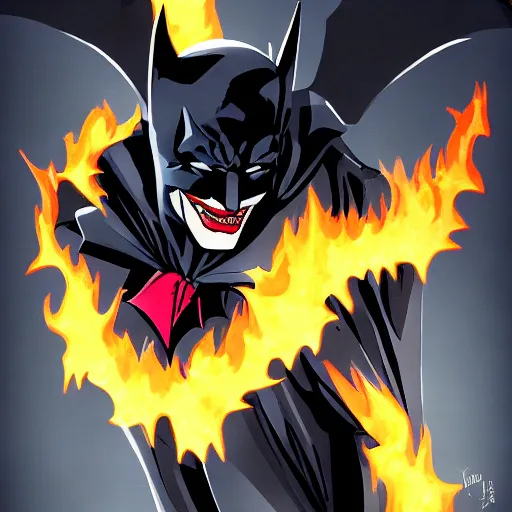 Image similar to batman putting the joker on fire, trending on artstation, hiroaki tsutsumi style