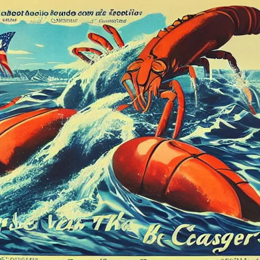 Prompt: WW2 propaganda posters of a giant lobster attacking Vancouver, BC, color print