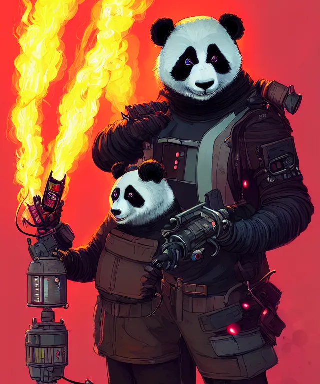 Image similar to a portrait of a cyberpunk panda holding two flamethrowers, fantasy, elegant, digital painting, artstation, concept art, matte, sharp focus, illustration, art by josan gonzalez