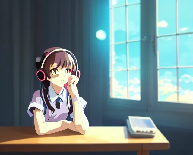 Image similar to anime fine details portrait of joyful school girl in headphones studying near monitor in her room at the table, evening, lamp, lo-fi, open window, dark city landscape on the background deep bokeh, profile close-up view, anime masterpiece by Studio Ghibli. 8k, sharp high quality anime