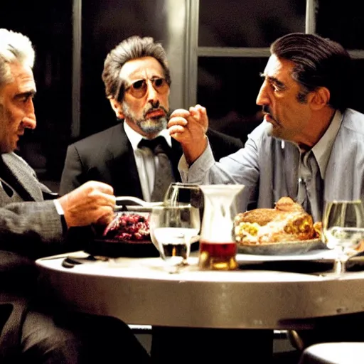Prompt: movie still of the dinner scene in Heat, al pacino and robert de niro as old men, cinematic,