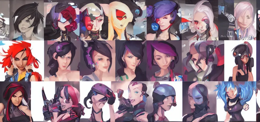 Prompt: concept art of female video game characters head designs, punk, disgaea, flcl, overwatch, by marc brunet and artgerm