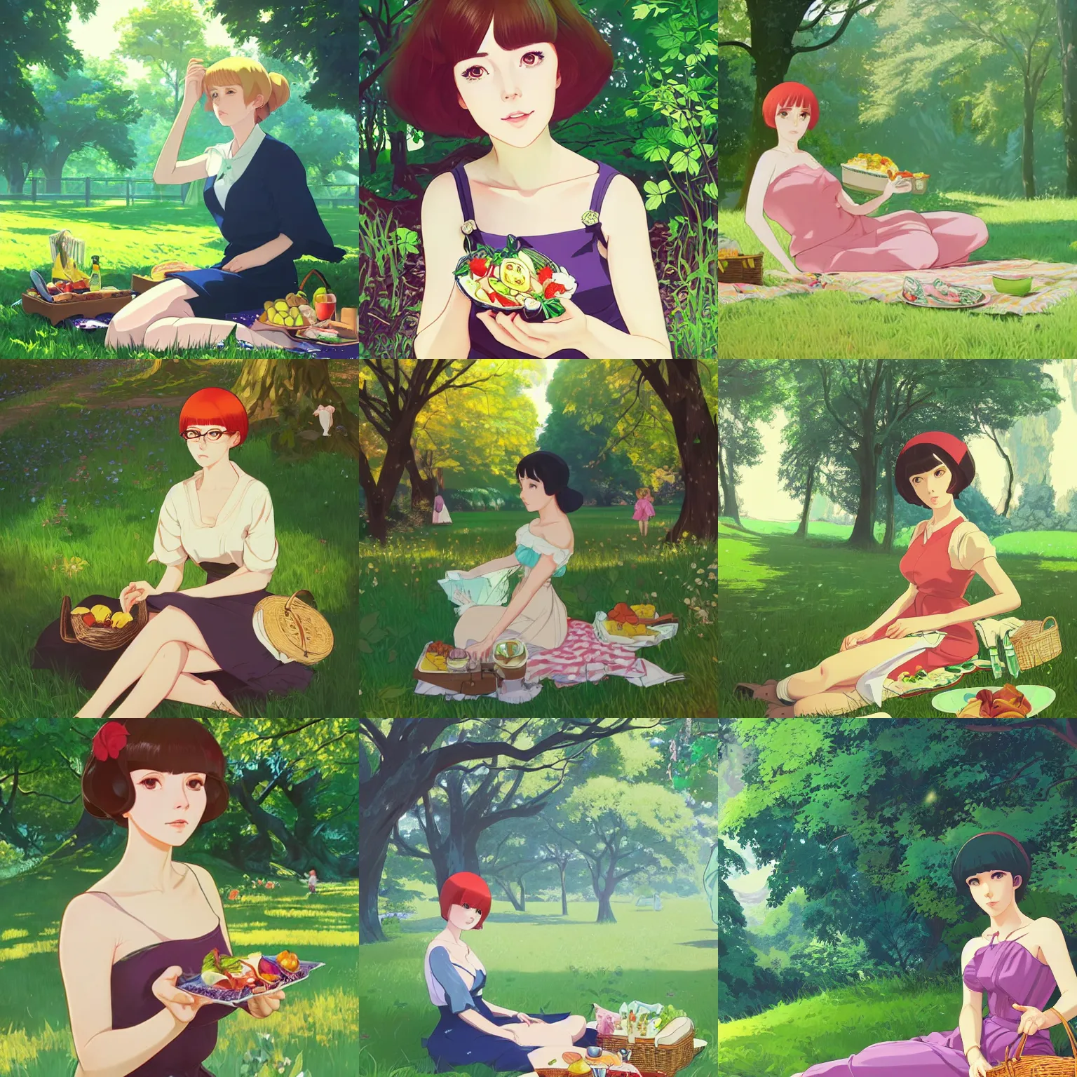 Prompt: portrait of a woman having a picnic in a lush park, ilya kuvshinov face in focus, highly detailed, cel shading, digital painting, anime key visual, in the style of hayao miyazaki and alphonse mucha