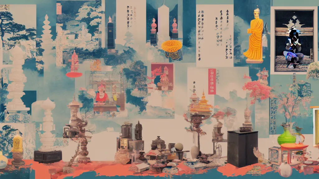 Image similar to an arrangement of buddhism traveller props, japan, a collage painting, in the style of wes anderson, lola dupre, david hockney, isolated on negative white space background dark monochrome neon spraypaint accents volumetric octane render