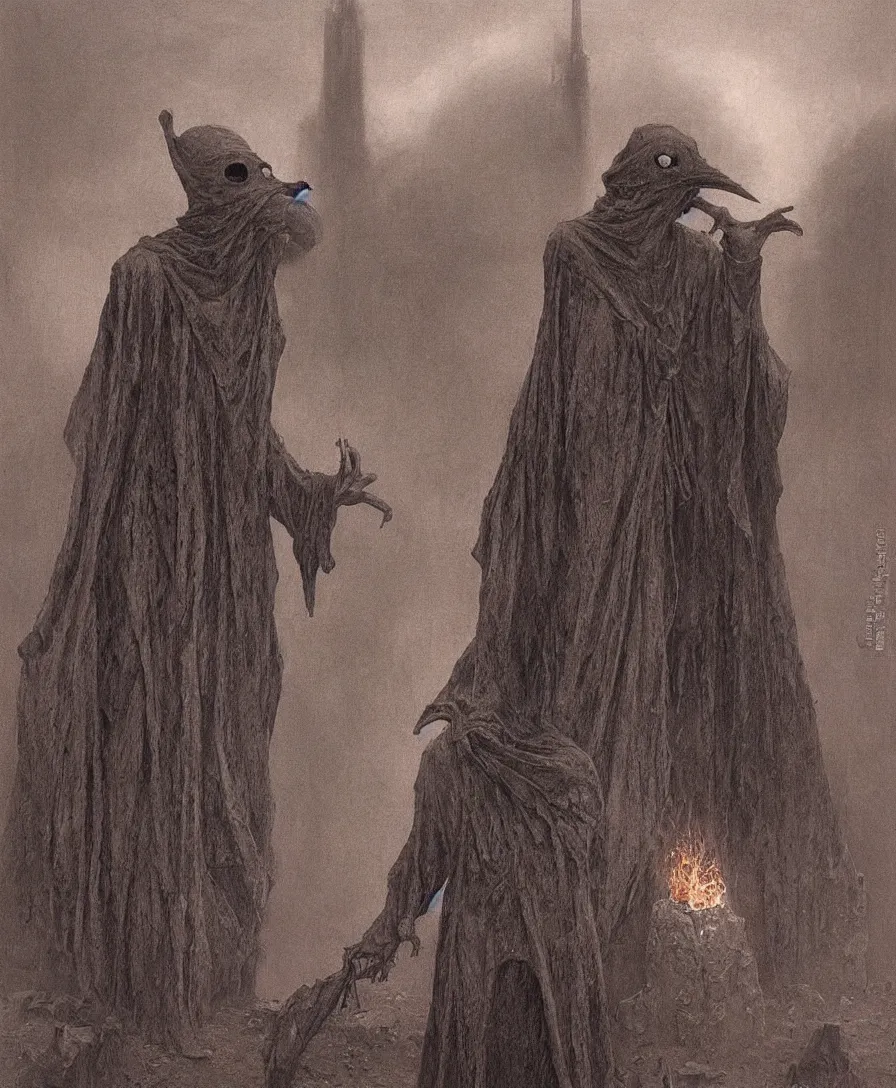 Image similar to plague doctor from iron gridle but human form, destroyed city and flames by zdzislaw beksinski