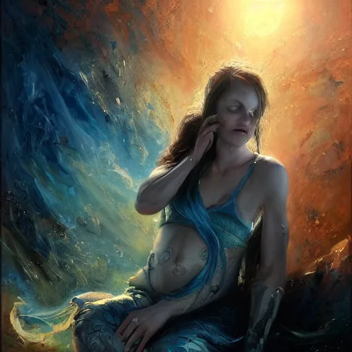 Prompt: stunning portrait of unborn baby argonaut Orpheus singing to Mother Earth, painting by Raymond Swanland, cyberpunk, sci-fi cybernetic implants hq