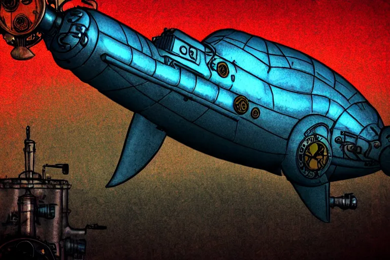 Image similar to steampunk submarine!, in the style ofjean henri gaston giraud, trending on artstation, halfrear lighting closeup view anaglyph filter, bokeh, anime, comic book art