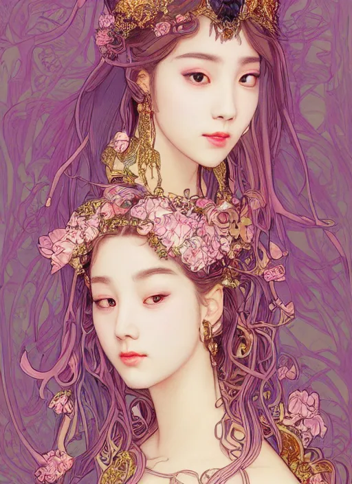Prompt: Lisa from Black Pink Kpop as magical princess, dreamy and ethereal, big pink eyes, pink blushes, peaceful expression, fantasy, intricate pink and gold ornate dress, modeling for Dulce and Gabanna, accurately portrayed, portrait art by James Jean and Alphonse mucha, highly detailed, digital painting, concept art, illustration, multiversal paradise shining rgb luxurious lights, trending on artstation, very detailed, smooth, sharp focus, octane render, close up
