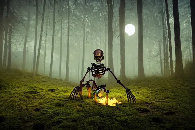 Image similar to a burning human skeleton sitting in foggy forest behind computer at moonlight night, overgrown with moss, light, dark atmosphere, dark fantasy, highly detailed