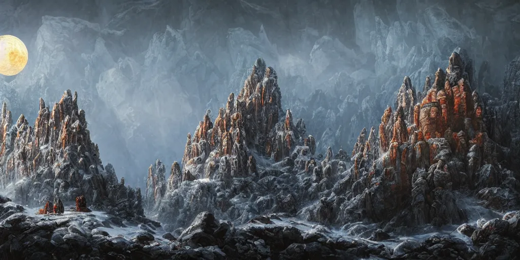 Prompt: Epic Exterior of ornate mountain temple, craggy cliffs, swirling skies, blood moon, very ominous environment, icy ground, wintry light, icy snowy stunning atmosphere, godly light, light shafts, epic realm, bloom, in style of Ivan Shishkin and in style of Greg Rutkowski