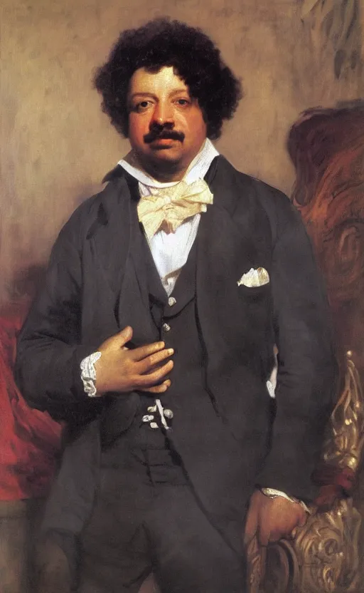 Image similar to Portrait of Alexandre Dumas, oil on canvas, highly detailed, high contrast, by Franz Xaver Winterhalter, Henry Ossawa Tanner, Anthony van Dyck, 8k