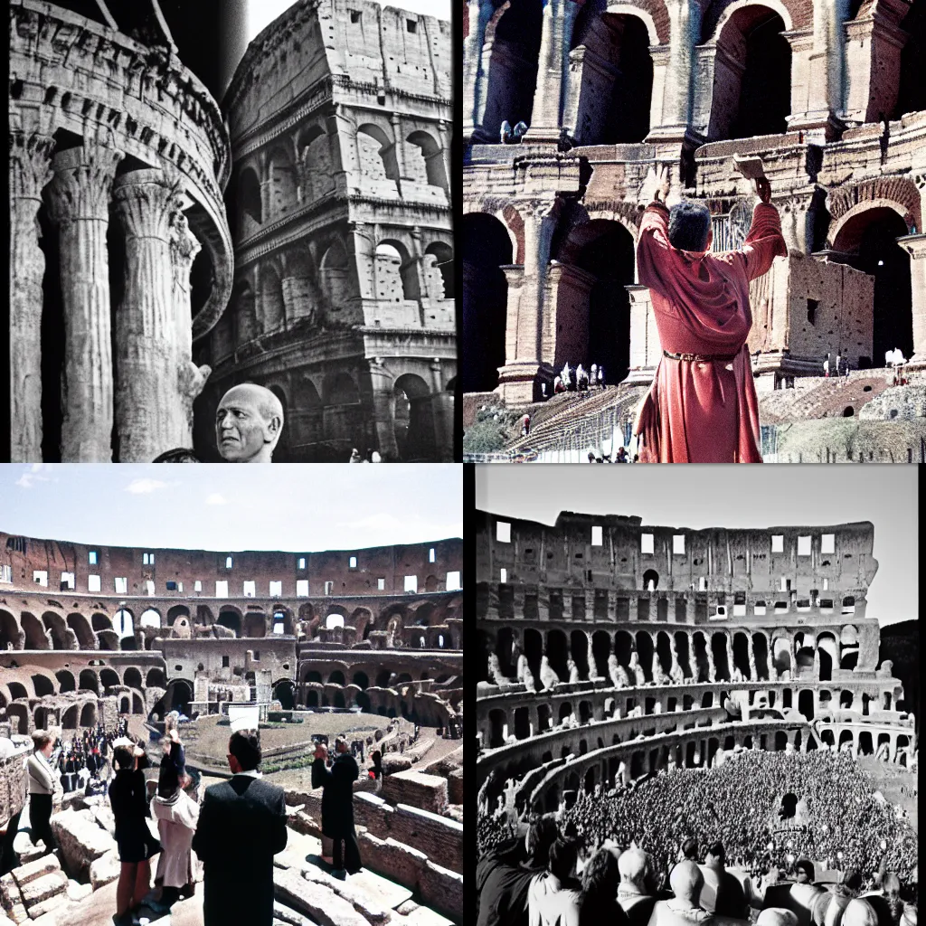 Prompt: Julius Caesar watches the launch of the first Roman space rocket at the Colosseum, Kodak, film, 35mm,