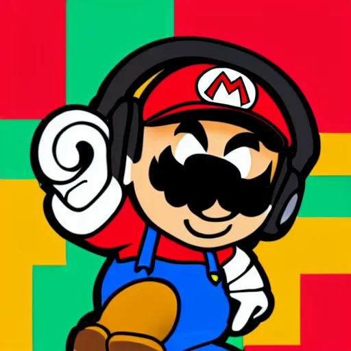 Image similar to svg sticker of a Pop-Wonder SuperMario, Mario-Wearing-a-red-hat, at a rave, spinning records, giant headphones rocking out, wearing headphones, huge speakers, dancing, rave, DJ, spinning records, digital art, amazing composition, rule-of-thirds, award-winning, trending on artstation, featured on deviantart