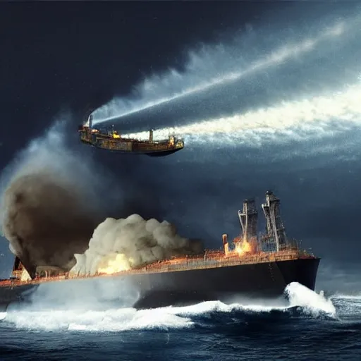 Image similar to A horrifying national geographic photo of an Oil Tanker being torn apart by the Mythical Ningen, ultra detailed, hyper realistic 4K